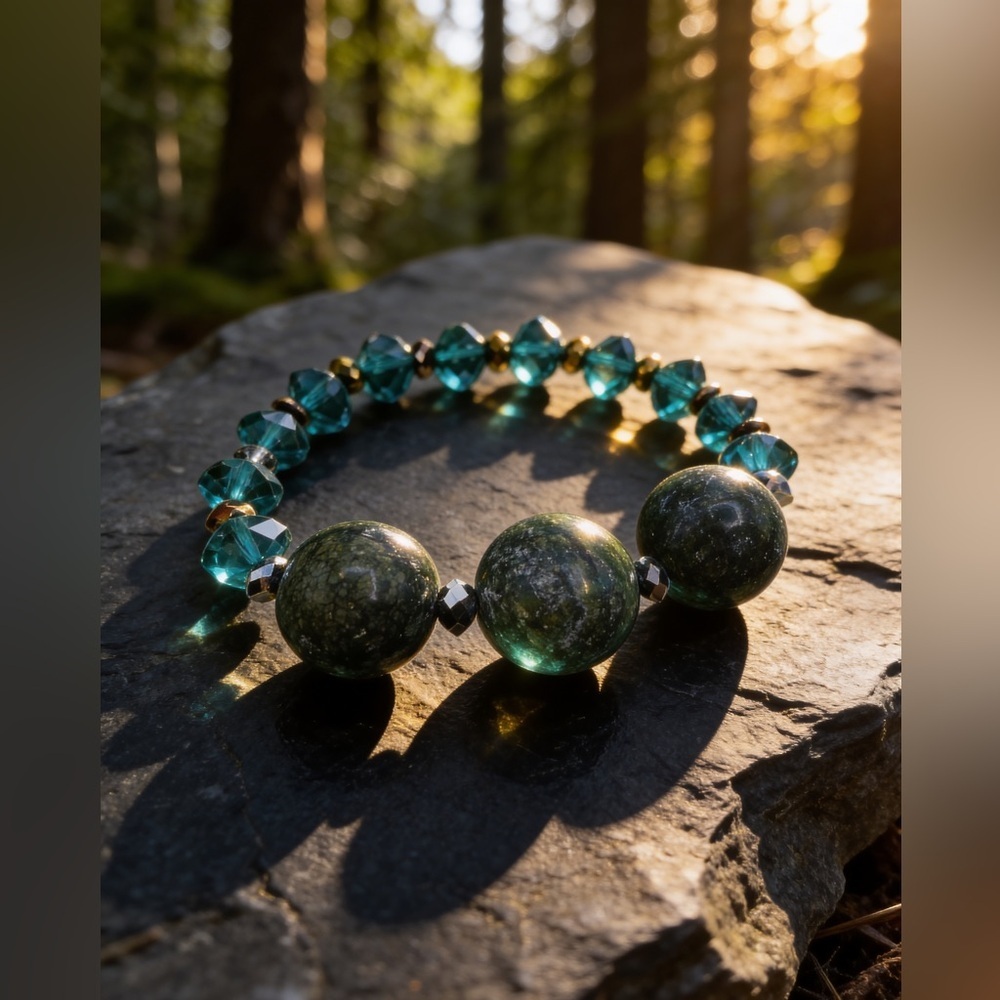 Teal Crystal & Dark Stone Beaded Stretch Bracelet – Elegant Statement Jewelry